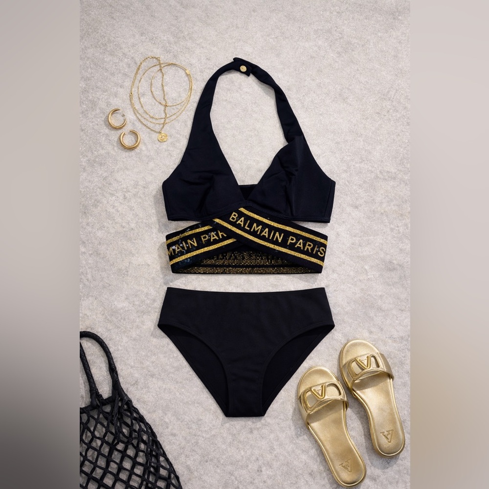Balmain Black & Gold High-Waist Bikini Top